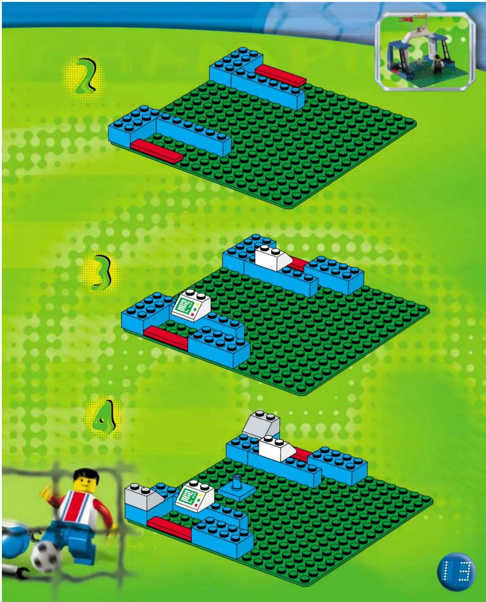 Lego game illustration showing four steps of building blocks with numbered labels and a character in the corner.