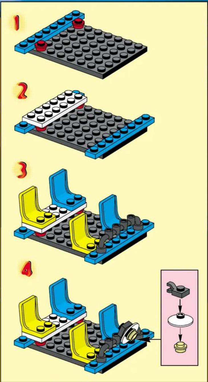 Lego assembly diagram showing four steps with numbered components and a close-up of the final component being inserted.