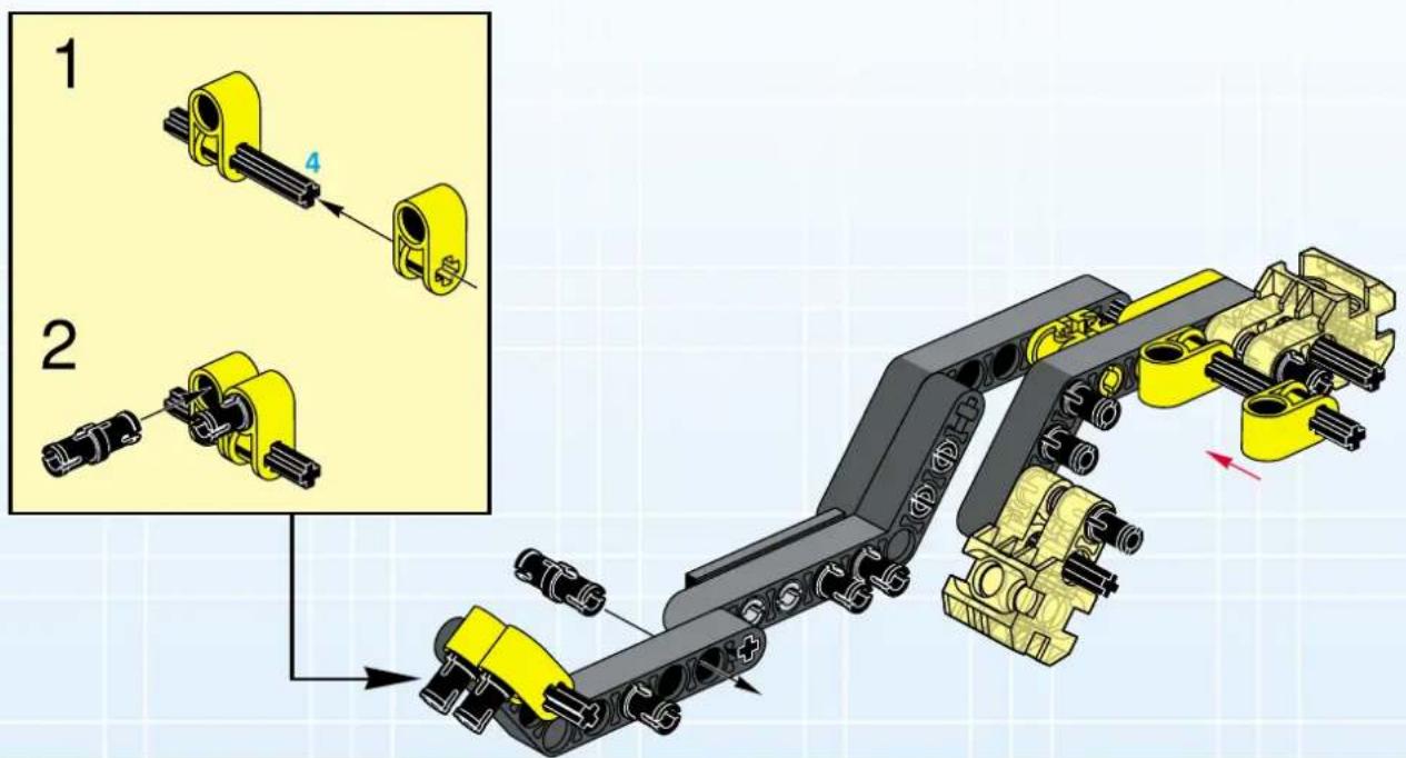 Technical diagram of a mechanical assembly with numbered components and directional arrows indicating motion or assembly steps.