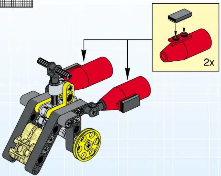 Technical diagram showing assembly of a mechanical device with red cylindrical components and a zoomed-in view highlighting a 2x ratio.