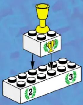 Diagram showing a game setup with numbered blocks and a trophy, likely illustrating a puzzle or game.