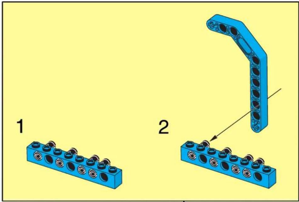 Diagram illustrating two stages of a blue LEGO brick structure: stage 1 with circular holes and stage 2 with circular holes, showing assembly or assembly process.