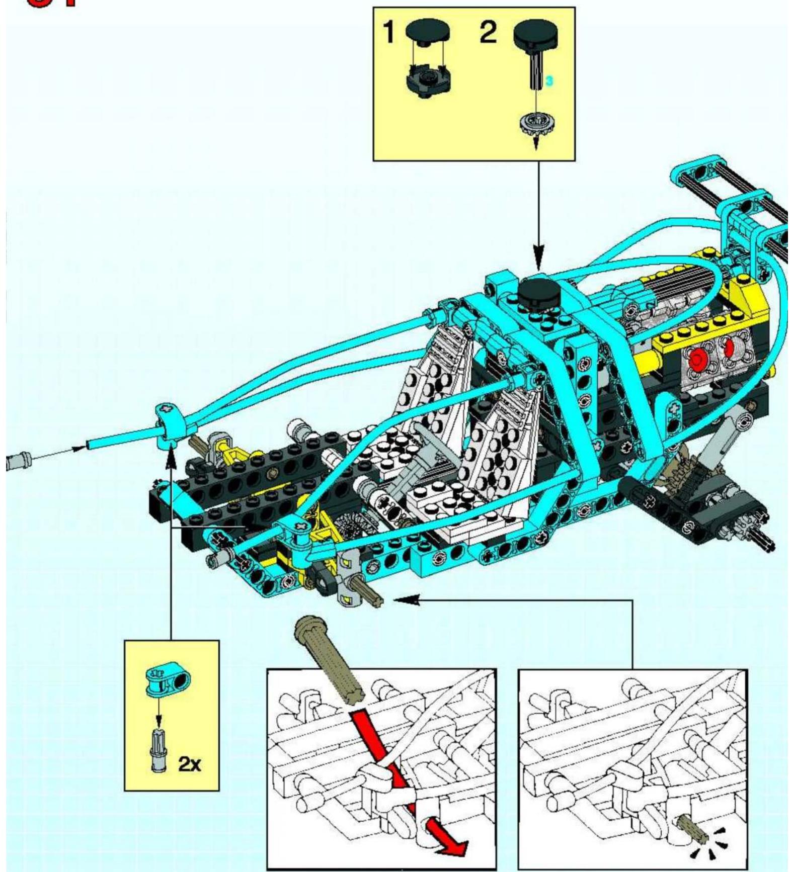Technical diagram of a LEGO mechanical assembly with labeled parts and 2x magnified detail view