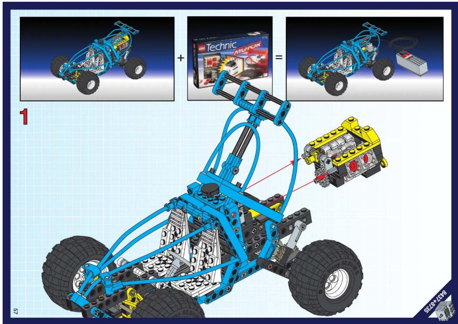 Technical illustration of a LEGO car with labeled components and assembly steps, including a version photo and product packaging.