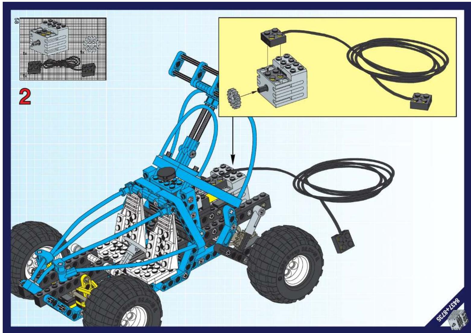 Lego assembly diagram showing a blue robotic car with labeled components and a close-up of its connected module assembly.