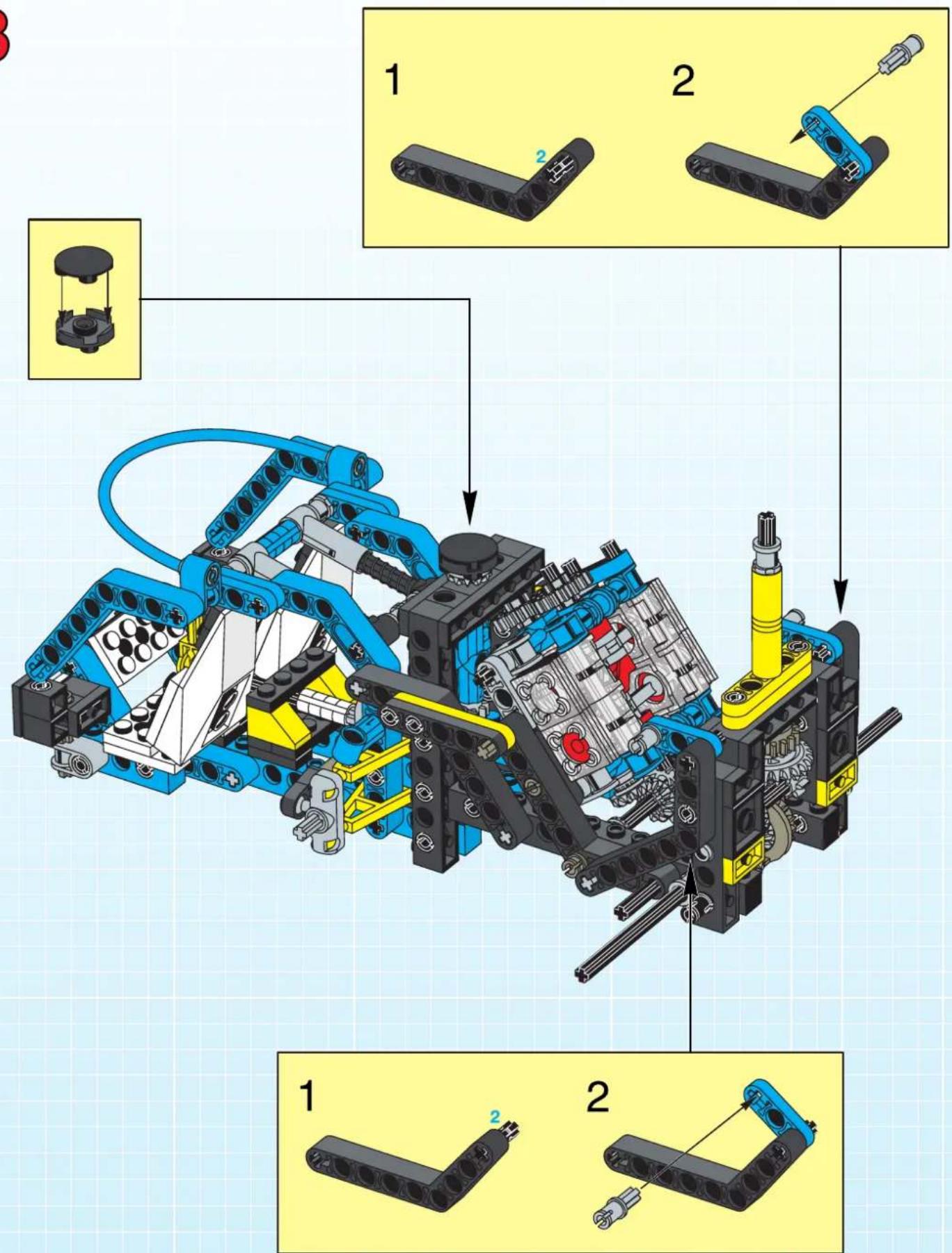 Labeled diagram of a robotic mechanical assembly showing two assembly steps with numbered components and component details.