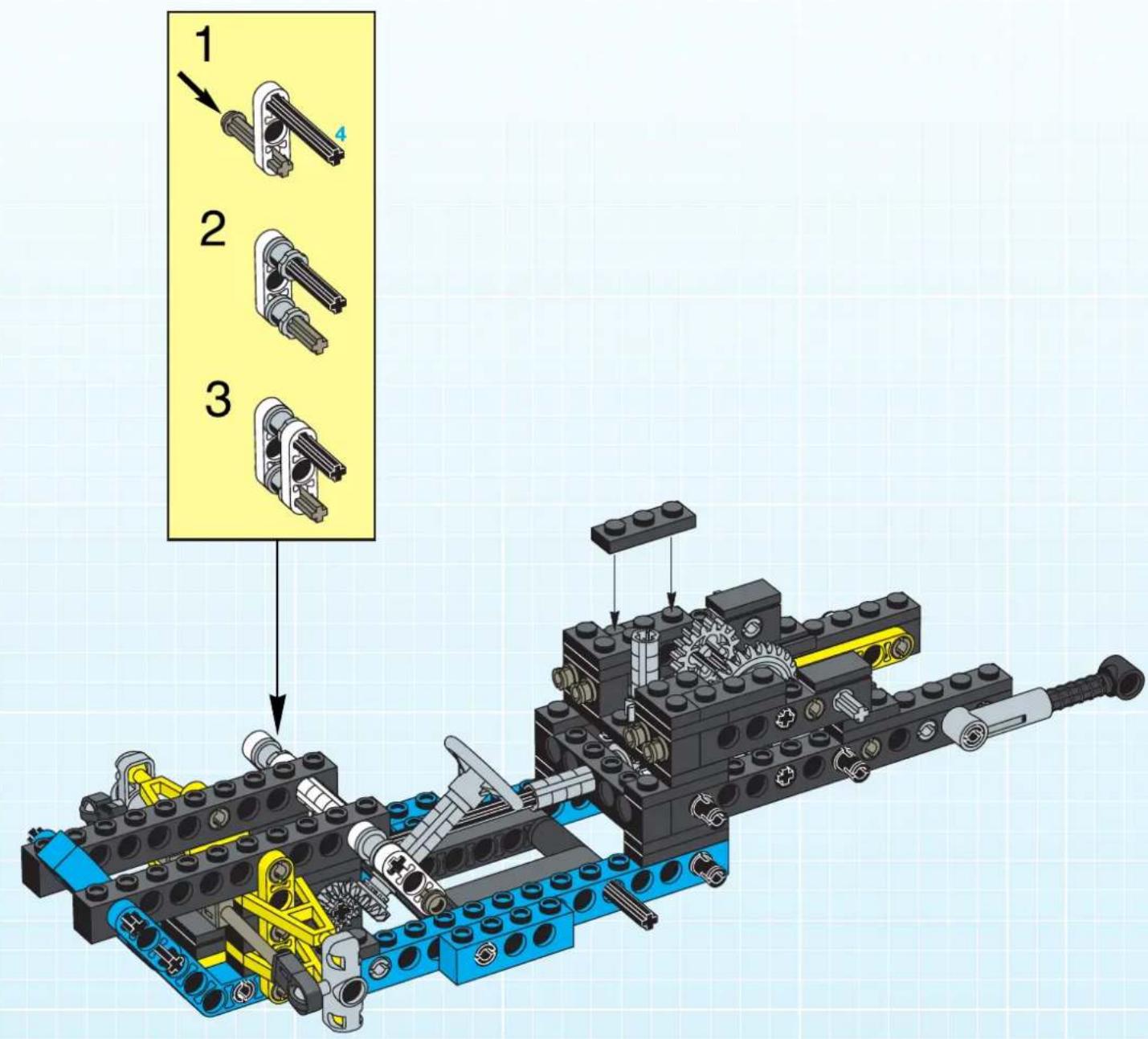 Lego assembly diagram with numbered steps and component labels on a grid background