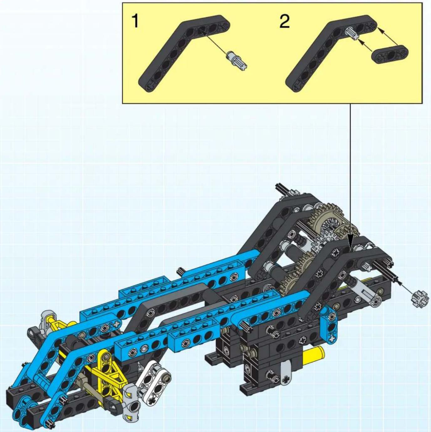 Technical diagram of a robotic assembly with labeled parts and exploded view, showing structural components and assembly steps.