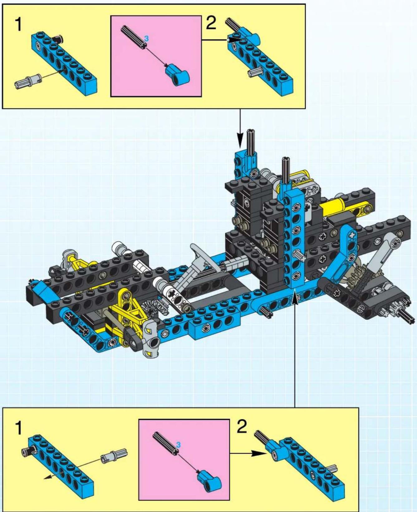 Lego assembly diagram showing three-step assembly steps with labeled components and exploded views