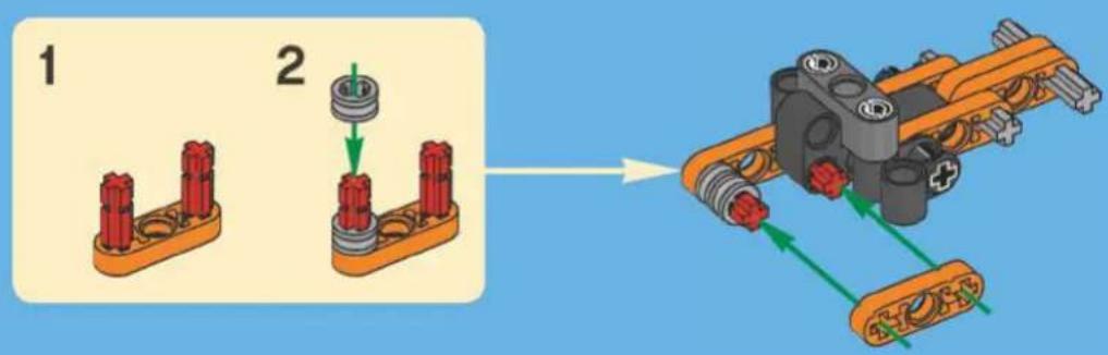 Technical diagram showing assembly steps of a mechanical component with red pins and green directional arrows indicating motion.