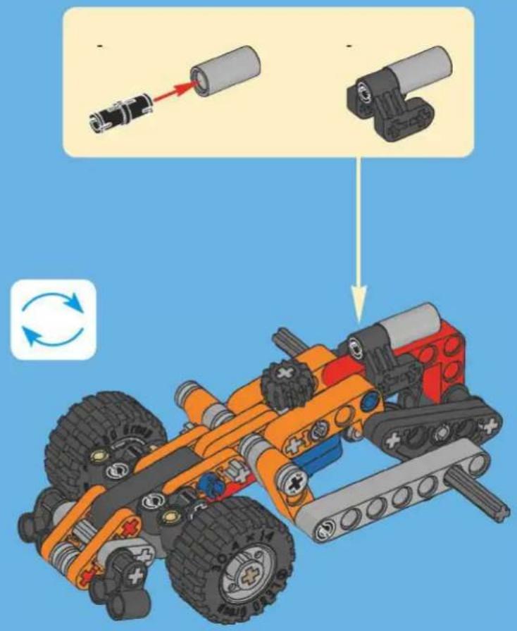 Diagram illustrating a robotic vehicle's assembly with labeled components and a magnified view showing mechanical parts being processed.