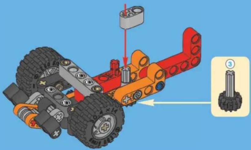 Technical diagram of a robotic vehicle with labeled parts and directional arrows indicating assembly or movement.