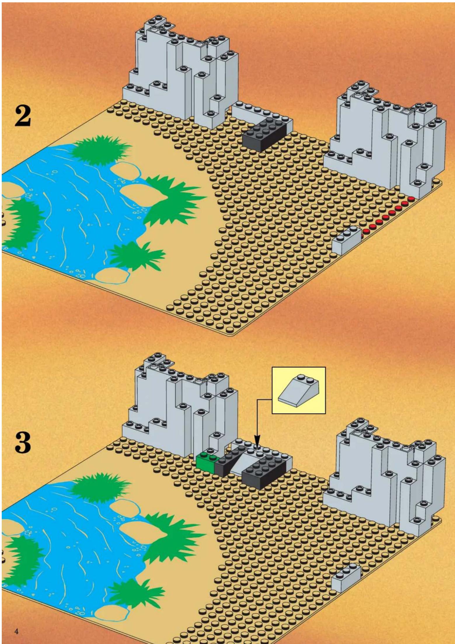 Lego assembly diagram showing three steps of building layout with labeled components and a small inset image of a component.