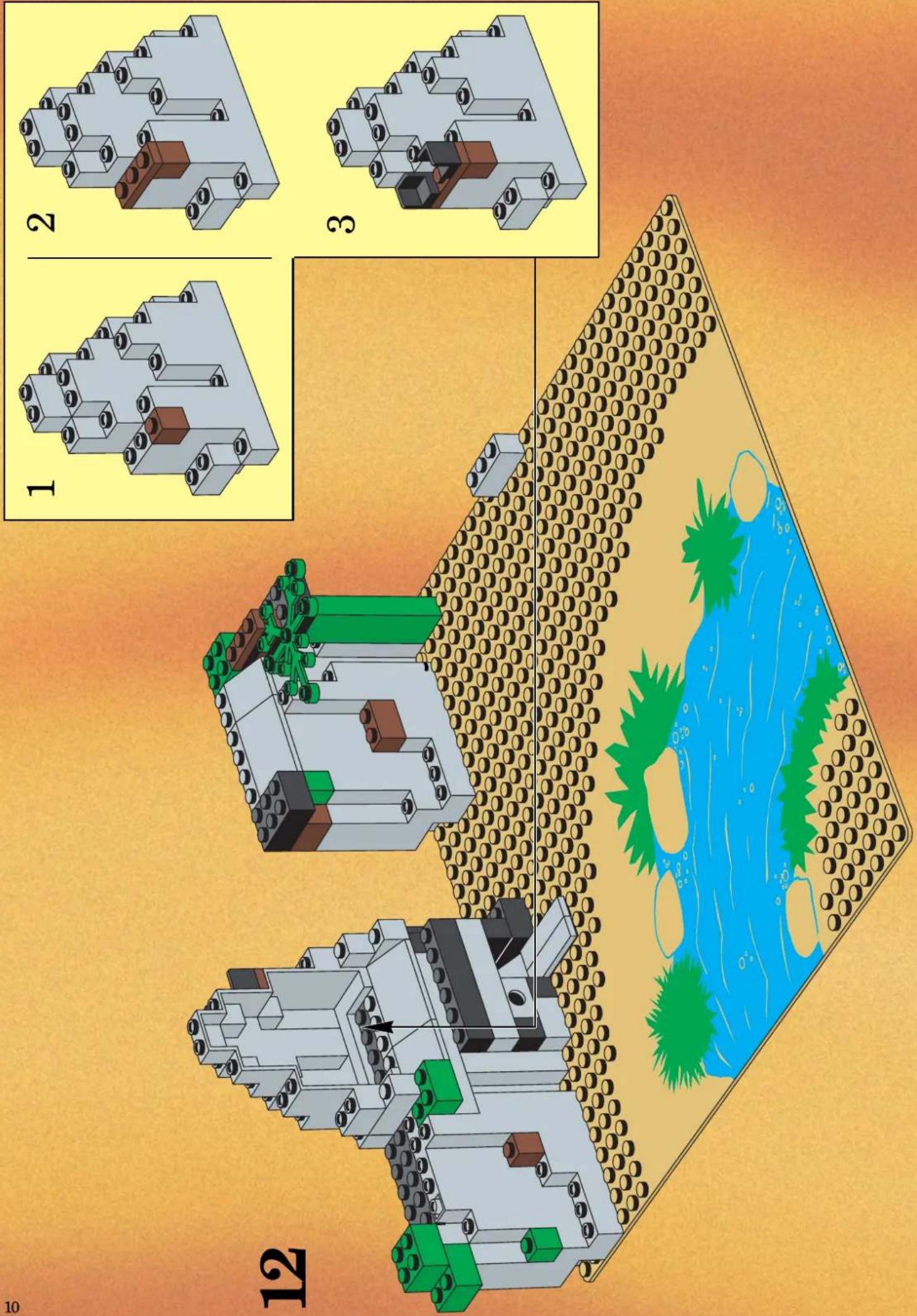 Diagram illustrating a multi-step robotic assembly with labeled components and a 3D water surface visualization.