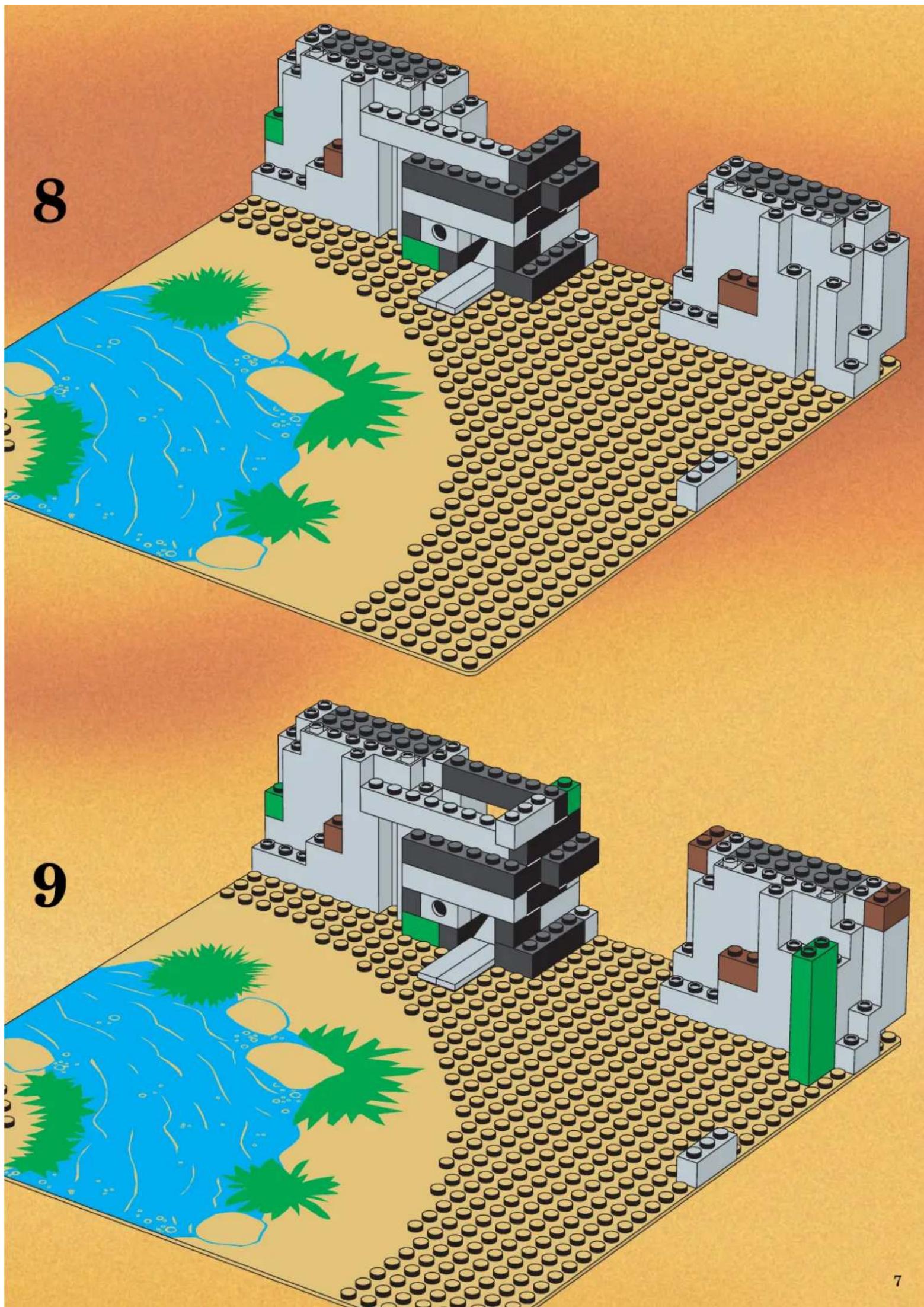 Lego brick construction diagram showing three steps with numbered labels and 3D layout of water and debris