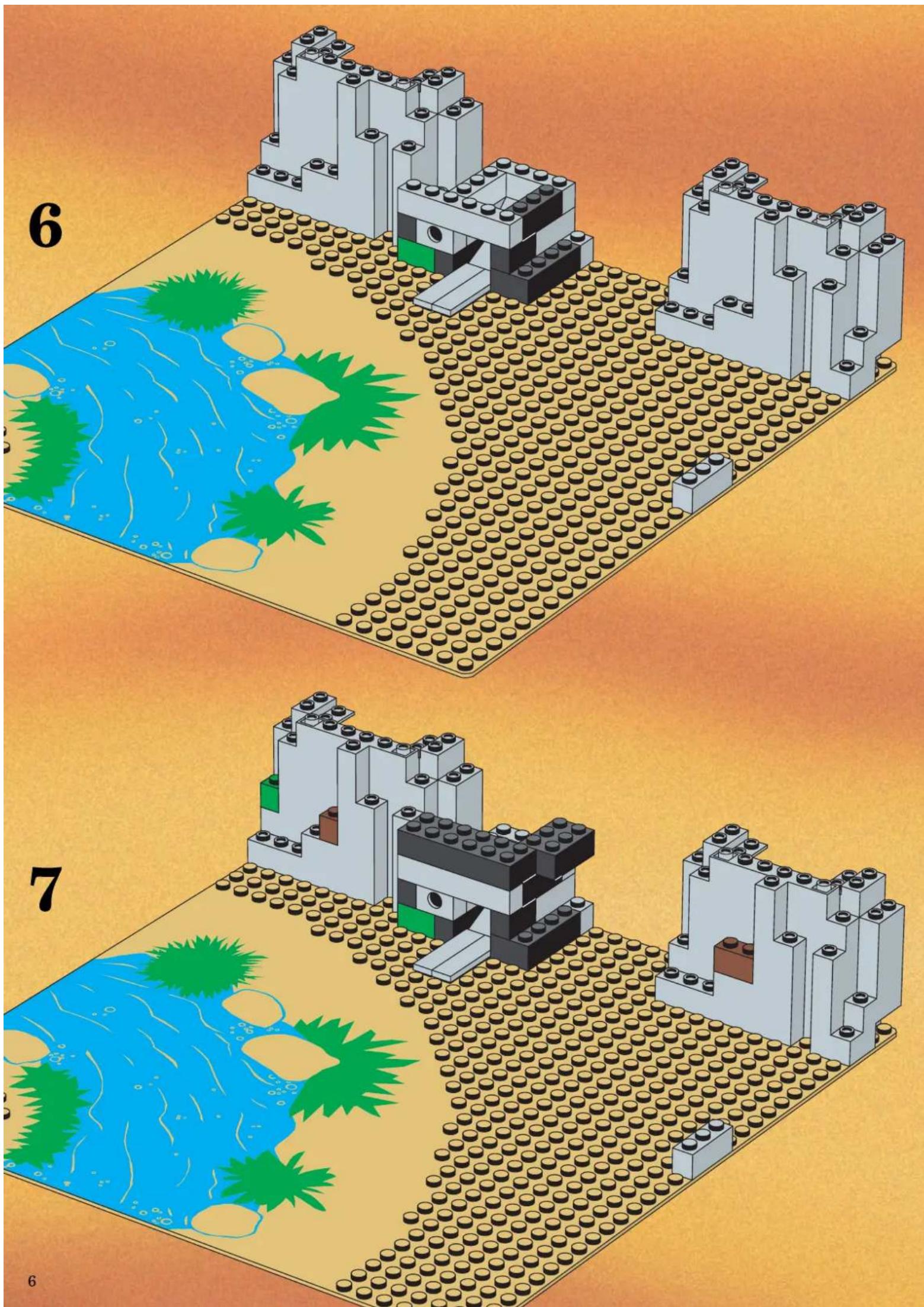 Lego brick construction diagram showing three steps with labeled components and water features