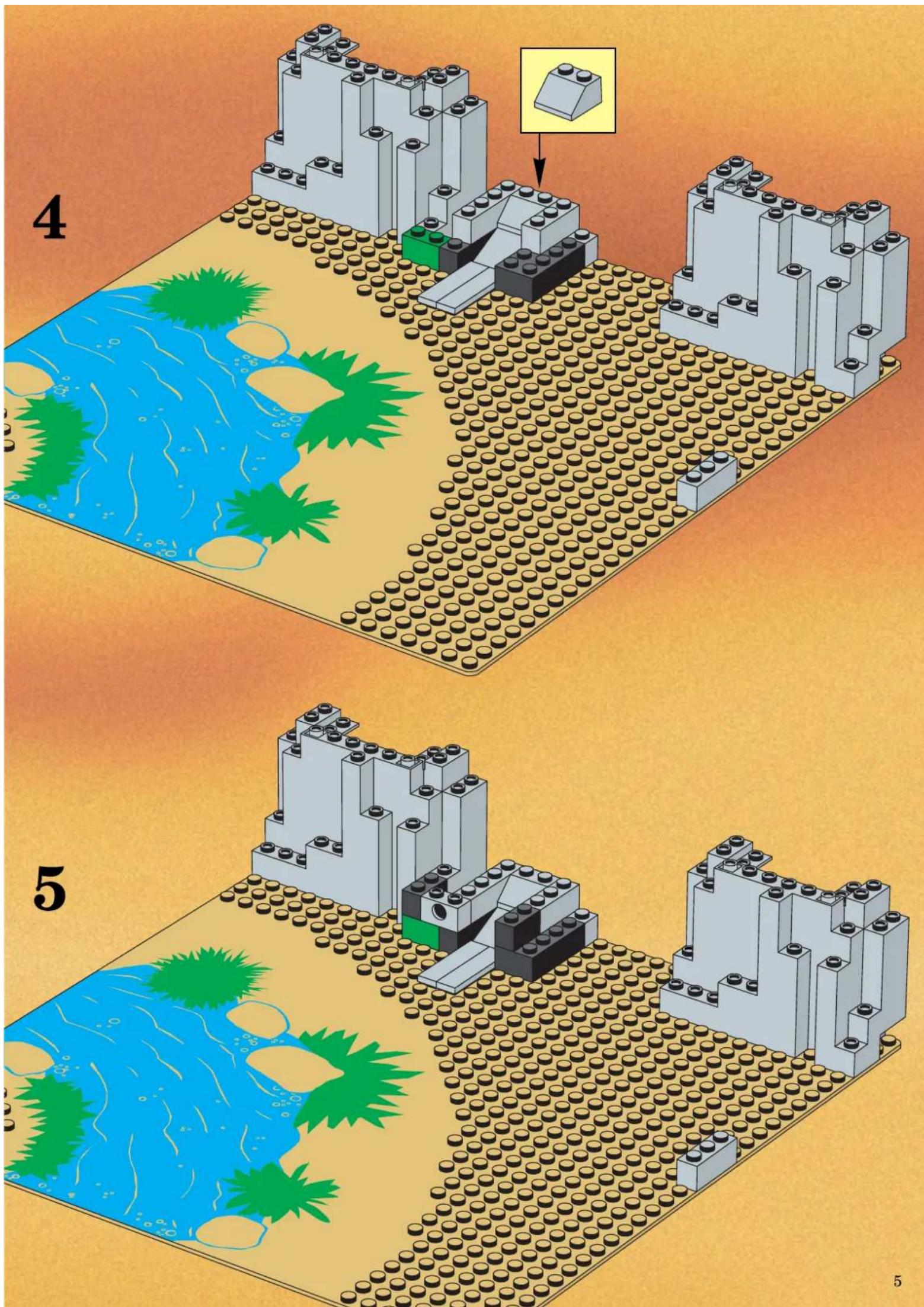 Lego assembly diagram showing three steps with labeled components and a highlighted component, illustrating building layout and water flow patterns.