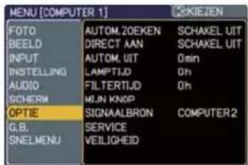 MENU [COMPUTER 1] FOTO BEELD INPUT INSTELLING AUDIO SCHERM OPTIE G.B. SNELMENU AUTOM.20EKEN DIRECT AAN AUTOM. UIT LAMPTIJD FILTERTIJD MLIN KNIP SIGNAALBRON SERVICE VEILIGHEID SCHAKEL UIT SCHAKEL UIT 0min 0h 0h COMPUTER 2 SKIEZEN