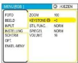 MENU RGB FOTO BEELD INPUT INSTEUNG SCHERM OPT. ENKEL-MENY ZOOM KEystone 100 STIL FUNC. SPIEGEL VOLUME +0 NORM NORM 16 :KIEZEN