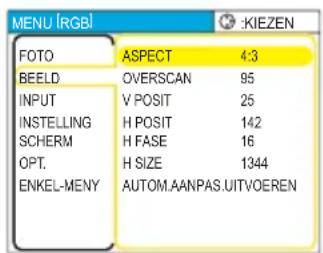 MENU [RGB] FOTO ASPECT 4:3 BEELD OVERSCAN 95 INPUT V POSIT 25 INSTELLING H POSIT 142 SCHERM H FASE 16 OPT.H SIZE 1344 ENKEL-MENY AUTOM.AANPAS.UITVOEREN