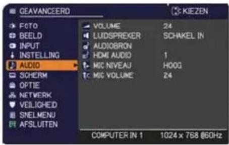 GEAVANCEERD FOTO BEELD INPUT INSTALLING AUDIO SCHERM OPTIE NETWORK VEILIGHED SNELMENU AFSLUITEN VOLUME 24 LUDSPREKER SCHAKEL IN AUDIOBRON HDMI AUDIO 1 MIC NIVEAU HOOG MIC VOLUME 24 COMPUTER IN 1 1024 x 768 @60Hz