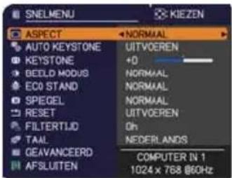 SNELMENU KIEZEN ASPECT NORMAAL AUTO KEYSTONE +0 KEYSTONE NORMAL BEELD MOUS NORMAL ECO STAND NORMAL SPEGEL NORMAL RESET UITVOEREN FILTERTijd Oh TAIL NEDERLANDS GEAVANCEERD COMPUTER IN 1 AFSLUITEN 1024 x 768 @60Hz