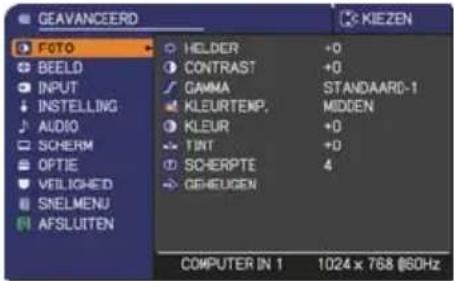 GEAVANCEERD FOTO BEELD INPUT INSTALLING AUDIO SCHERM OPTIE VEILICHD SNELMENU AFSLUITEN HOLDER +0 CONTRAST +0 GAMMA STANDAAR0-1 KLEURTEMP. MIDDEN KLEUR +0 TINT +0 SCHERPTE 4 GEHEUCEN COMPUTER IN 1 1024 x 768 @60Hz