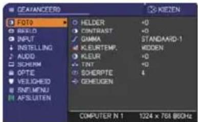 GEAVANCEERD FOTO HIELD INPUT INSTALLING AUDIO SCHERM OPTE VELOCITY SNFL.MENU AFSLUTEN HOLDER +0 CONTRAST +0 GAMMA STANDAARD-1 KLEURTEMP. MIDDEN KLEUR +0 TINY +0 SOHERPTE 4 GEHEUCEN COMPUTER N 1 1224 x 768 kHz