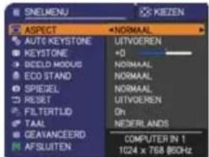 SNELMENU KEYEN ASPECT NORMAL AUTO KEYSTONE +0 KEystone NORMAAL BECD MODUS NORMAL ECO STAND NORMAL SPIECEL NORMAL RESET UITVOEREN FILTERTUD OH TAAL NEDERLANDS CEAVANCEERD COMPUTER IN 1 1024 x 768 850Hz AFSLUITEN