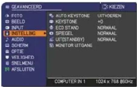 GEAVANCEERD FOTO BEELD INPUT INSTALLING AUDIO SCHERM OPTIE VEILIGHED SNELMENU AFSLUITEN AUTO KEystone KEYSTONE ECO STAND SPIEGEL UIT(STANDBY) MONITOR UITGANG KIEZEN UITVOEREN +0 NORMAAL NORMAAL NORMAAL COMPUTER IN 1 1024 x 768 @50Hz