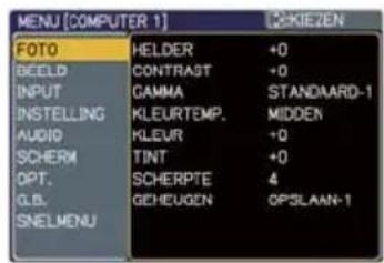 MENU [COMPUTER 1] FOTO HELDER +0 BCEELD CONTRAST +0 INPUT GAMMA STANDIARD-1 INSTALLING KLEURTEMP. MIDDEN AUDIO KLEUR +0 SCHERM TINT +0 OPT. SCHERPTE 4 G.B. GEHEUGEN OPSLAAN-1 SNELMENU