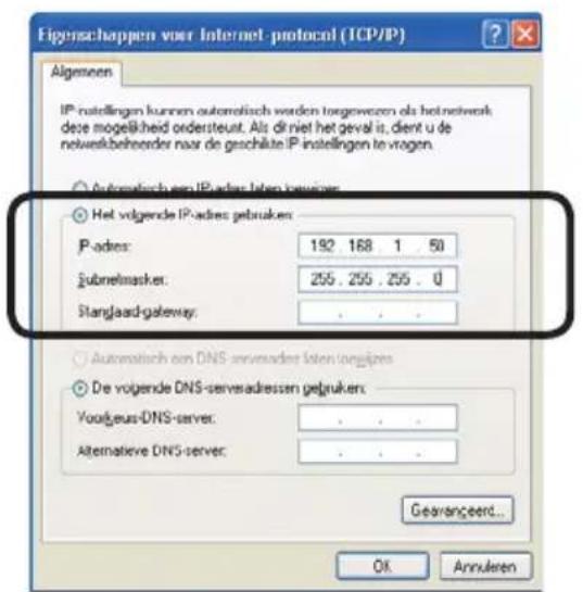 Eigenschappen voor Internet-protocol (TCP/IP) Algemeen IP-instellingen kunnen automatisch werden togetweden als het network dete mogelijkheid ondersteut. Als dir niet het geval is, dient u de netwerkbeheerde naar de geschäfte IP-instellingen te vragen. Automaticn een IP-adies latent eigenijsen Het volgende IP-adies gebruiken: P-adies: 192 168 1 . 50 jubnetmasker: 255 . 255 . 255 . 0 Stanglaad-gateway: . Automaticn een DNS-serveraden latent longijpen De volgende DNS-serveradressen gebruiken: Vouigeus-DNS-server: . Alternative DNS-server: . Gearanseerd... OK Annulaten