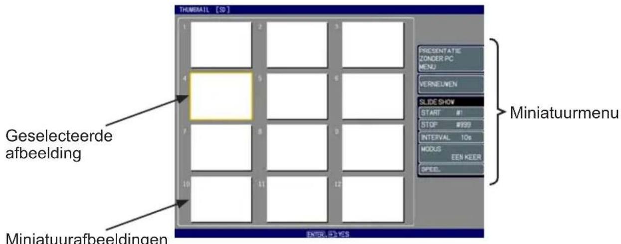 THUMBAIL [SD] PRESENTATIE ZONDER PC MENU VERNEUWEN SLIDE SHOW START #1 STOP #99 INTERVAL 10s MODUS EEN KEER SPEEL Miniatuurmenu Geselecteerde afbeelding Miniatuurafbeeldingen ENTER, PLYES