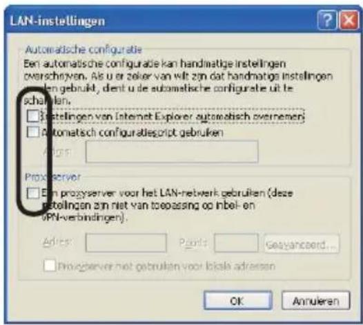 LAN-instellingen Automatische configuratie Een automatische configuratie kan handmatige instellingen overschrijven. Als u er zeker van wilt zijn dat handmatige instellingen den gebruikt, dient u de automatische configuratie uit te scharlan. □ Botellingen van Internet Explorer automatisch overnemen □ Automatisch configuratiescript gebruiken Adige: Processserver □ Ein processserver voor het LAN-netwerk gebruiken (dze betellingen zijn niet van toepassing op inbel- en VPN-verbindingen). Adige: Points: Gevanzeerd... □ Processserver niet gebruiken voor lokale adressen OK Annularen