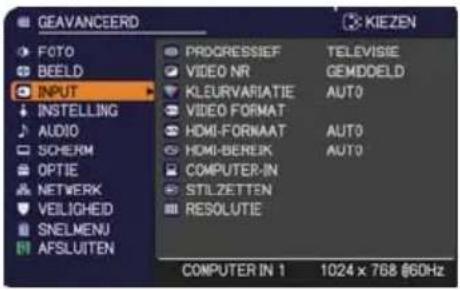 GEAVANCEERD FOTO BEELD INPUT INSTEILLING AUDIO SCHERM OPTIE NETWERK VEILIGHEID SNELMENU AFSLUITEN PROGRESSIEF VIDEO NR KLEURVARIATIE VIDEO FORMAT HOMI-FORNAAT HOMI-BEREIK COMPUTER-IN STILZETTEN RESOLUTIE TELEVISIE GEMDDELD AUTO AUTO AUTO AUTO 1024 x 768 @60Hz