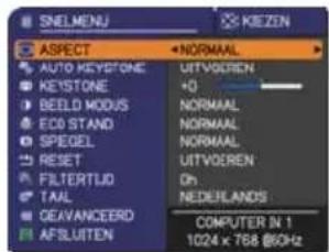 SNELMENU KEIZIN ASPECT AUTO KEYSTONE KEystone BEELD MODUS EDD STAND SPEGEL RESET FILTERTUD TAIL CEAVANCEERD AFSLUITEN NORMAAL UIT VOURN +O NORMAAL NORMAAL NORMAAL UITVOURN Dh NEDELANDS COMPUTER N 1 1024 x 768 @60Hz