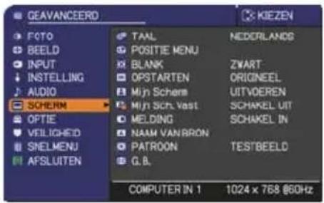 GEAVANCEERD FOTO BEELD INPUT INSTALLING AUDIO SOCHERM OPTIE VEILICHED SHELMENU AFSLUITEN TAAL POSITIE MENU KII BLANK OPSTARTEN Mijn Scherm Mijn Sch. Vast MELDING NAAM VANBRON PATROON G.B. NEDDERLANDS ZWART ORIGNEEL UITVOEREN SCHAKEL UIT SCHAKEL IN TESTBEELD COMPUTER IN 1 1024 x 768 @60Hz