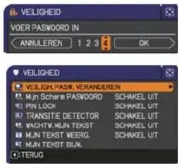 VEILIGHED VOER PASWORD IN ANNULEREN 1 2 3 4 OK VEILIGHED VEILIGH.PASW. VERANDEREN Mijn Schera PASWORD SCHAKEL UIT PIN LOCK SCHAKEL UIT TRANSITIE DETECTOR SCHAKEL UIT WACHTV.MJN TEKST SCHAKEL UIT MJN TEKST WEERG.SCHAKEL UIT MJN TEKST BIJK. TERUG