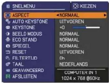 SNELMENU KIEZEN ASPECT NORMAAL AUTO KEYSTONE KEystone BEELD MODUS ECO STAND SPIEGEL RESET FILTERTIJD TAAL GEAVANCEERD AFSLUITEN UITVOEREN +0 NORMAAL NORMAAL NORMAAL UITVOEREN Oh NEDERLANDS COMPUTER IN 1 1024 x 768 @60Hz