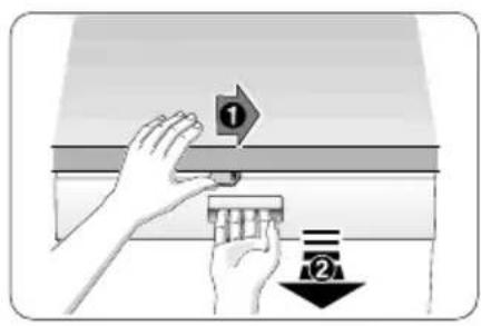 Diagram showing hands installing a component with numbered labels and directional arrows indicating process steps