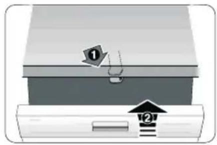 Diagram showing two labeled components (① and ②) with arrows indicating movement or flow, likely illustrating a process or assembly.