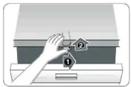 Diagram showing a hand placing a small object labeled '①' and two numbered items (②) on a cabinet-like structure.