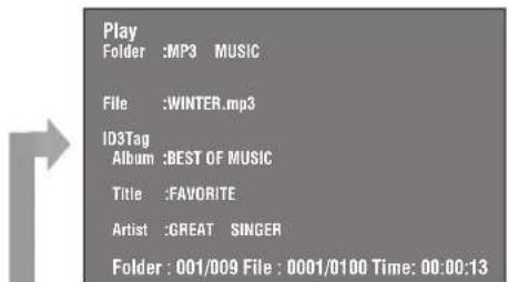 Play Folder :MP3 MUSIC File :WINTER.mp3 ID3Tag Album :BEST OF MUSIC Title :FAVORITE Artist :GREAT SINGER Folder : 001/009 File : 0001/0100 Time: 00:00:13