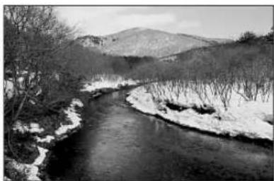 Black-and-white landscape photo of a winding river surrounded by snow-covered trees and distant hills (no text or symbols visible)