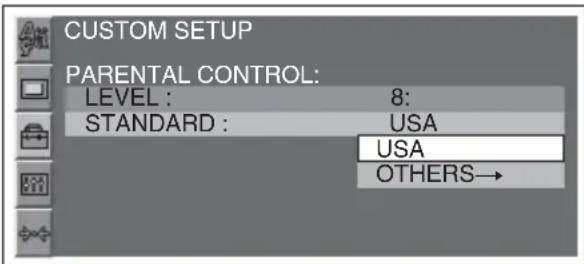 CUSTOM SETUP PARENTAL CONTROL: LEVEL : 8: STANDARD : USA USA OTHERS→