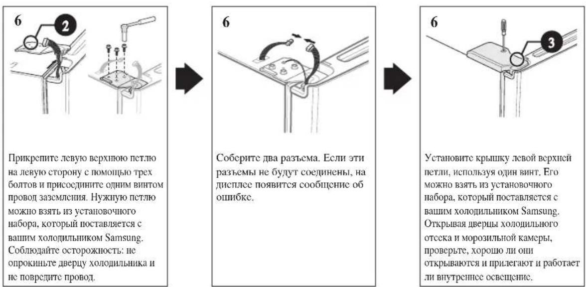 6 Прикрепите левую верхнюю петлю на левую сторону с помощью трех болтов и присоедините одним винтом провод зазсмления. Нужную петлю можно взять из установочного набора, который поставляется с вашим холодильником Samsung. Соблюдайте осторожность: не опрокиньте дверцу холодильника и не повредите провод. 6 Собрите два разъема. Если эти разъемы не будут соединены, на дисплее появится сообщение об ошибке. 6 Установите крышку левой верхней петли, используя один винт. Его можно взять из установочного набора, который поставляется с вашим холодильником Samsung. Открытая дверцы холодильного отсека и морозильной камеры, проверьте, хорошо ли они открываются и прилегают и работает ли внутреннее освещение.
