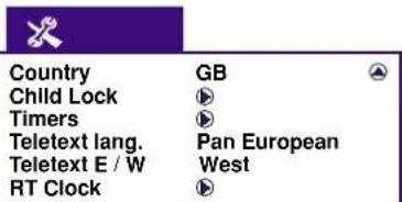 Country GB Child Lock ▶ Timers ▶ Teletext lang. Pan European Teletext E / W West RT Clock ▶