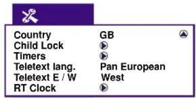 Country GB Child Lock Timers Teletext lang. Teletext E / W Pan European RT Clock West