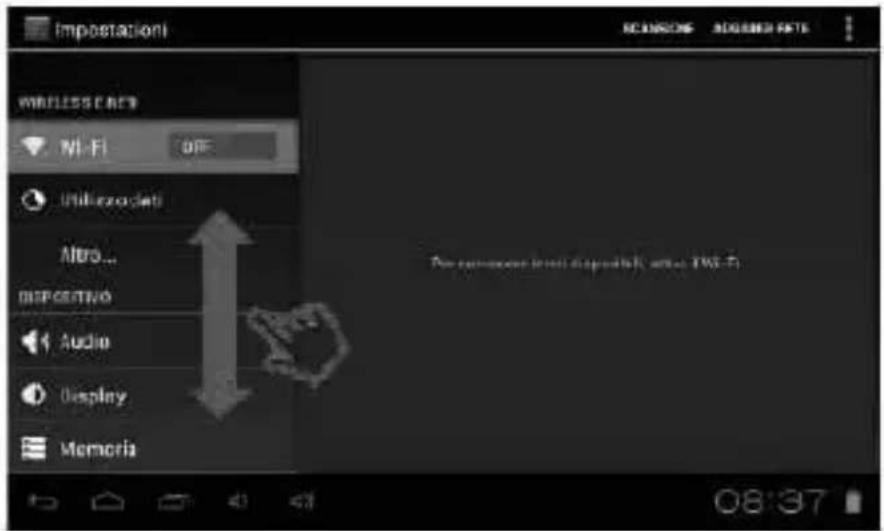 Impostazioni Wireless Cons WiFi Off Wireless Cons WiFi Audio Display Memoria 08:37