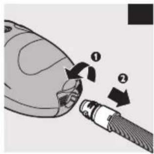 Diagram showing a device being inserted into a cable with labeled parts ① and ②